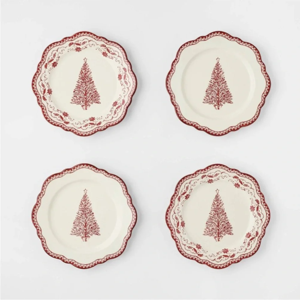 4pk 8” Christmas Stoneware Salad Appetizer Plates Red - Threshold Studio McGee